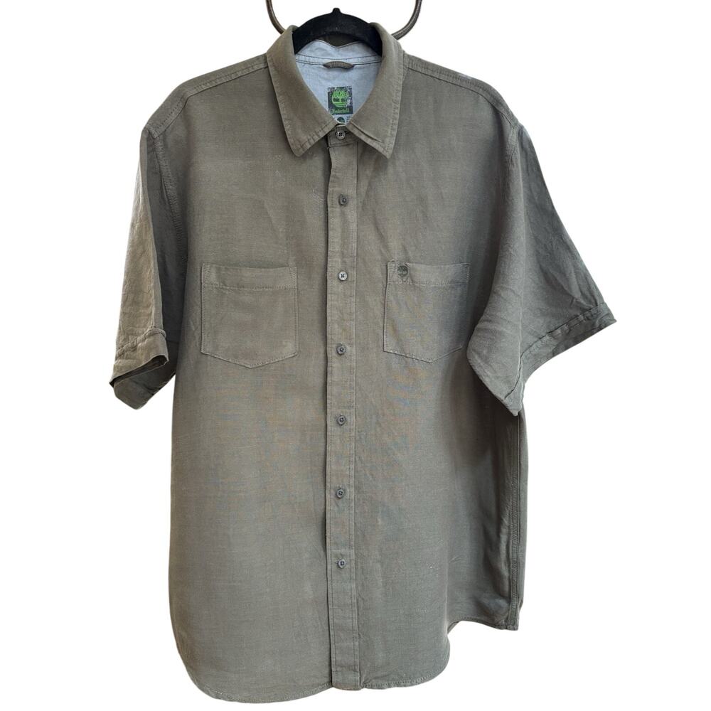 Timberland Shirt Men’s Sz Lrg Olive Green Linen/Rayon Short Sleeve Button Up
